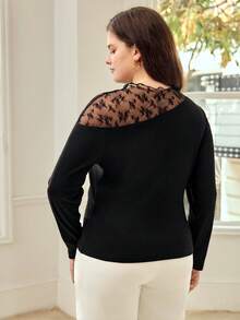 MOTF PREMIUM BLUSA DE ENCAJE Y PUNTO PARA MUJER TALLA GRANDE, NEGRA - Negro - Ver 3