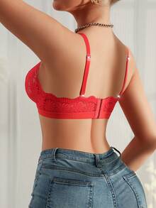 SHEIN 1pc Lace Wireless Bra For Women - Red - View 2