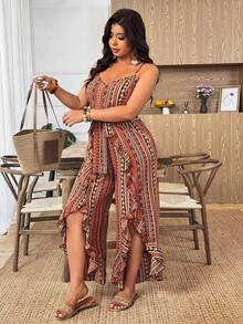 Weeklong Plus Size Women's Printed Spaghetti Strap Ruffle Hem Jumpsuit, Casual Vacation Outfit - Yellow - View 3