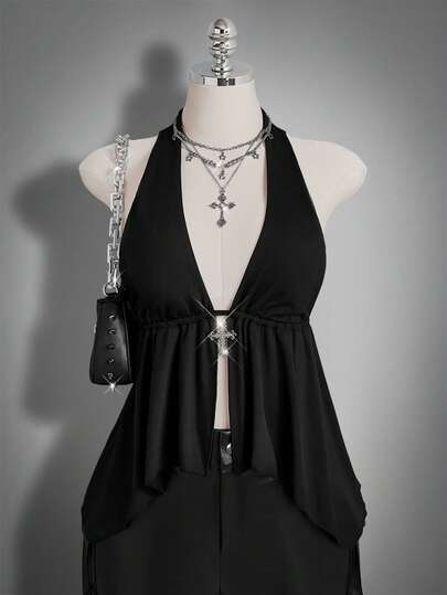 SHEIN ICON Women's Plus Size Spring/Summer Retro Sexy Urban Modern Avant-Garde Bold Fashion Individual Simple Casual Millennial Style Y2K Dark Gothic Style Rhinestone Cross Decoration V-Neck Halter Neck Tie Irregular Hem Black Top