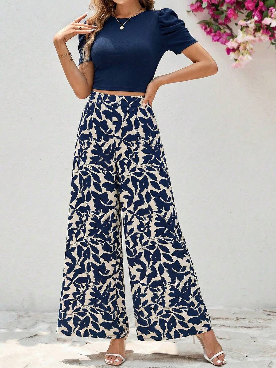 Editum 两件套女士优雅纯色圆领弹力针织泡泡袖T恤搭配双色印花阔腿直筒裤，适合度假、通勤、办公、约会、派对、夏季穿着。 - 彩色 - 查看 1