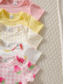 SHEIN 5件套新生儿男女通用可爱套装，连体衣+裤子+帽子，夏季 - 彩色 - 查看 6