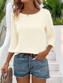 EMERY ROSE Women's Casual, Vacation, Daily Commute Minimalist Solid Color Textured Fabric 3/4 Sleeve Loose Blouse, Suitable For Spring And Autumn - Apricot - View 3