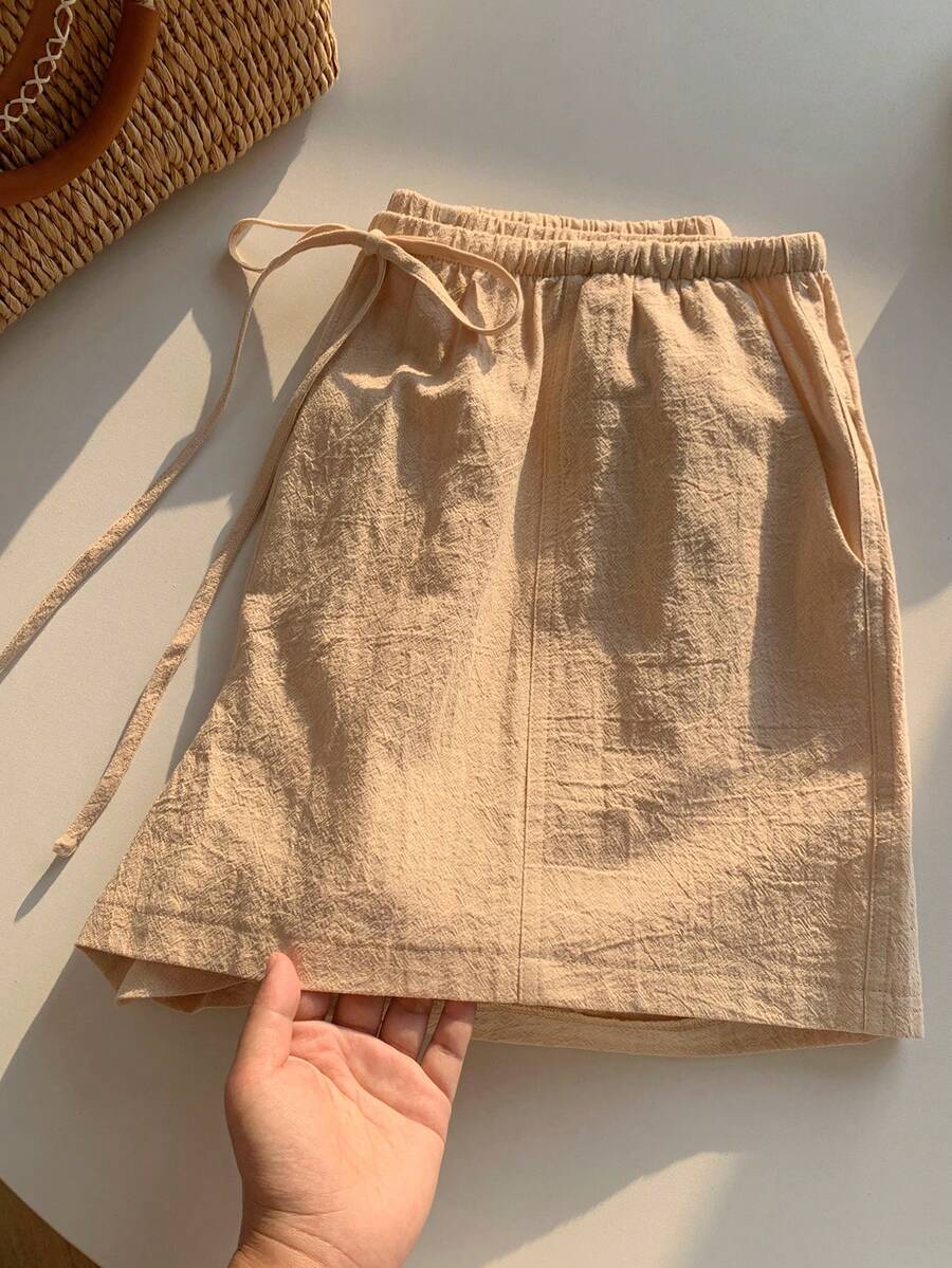 Comfortcana Plus Size Casual Loose Drawstring Solid Color Comfortable Shorts, Spring/Summer - Khaki - View 1