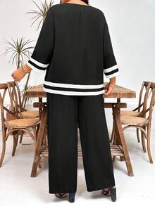 Momelise Conjunto informal de 2 piezas de top y pantalones de bloques de color para mujer de talla grande - Negro - Ver 2