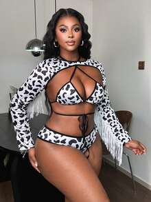 Bare Chapter Bộ bikini và áo choàng 3 món cỡ lớn họa tiết da bò gợi cảm. - Đen và trắng - Xem 5