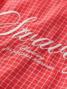 SWAVVY Men's Plaid Letter Print Single-Breasted Long Sleeve Shirt - Red - View 5