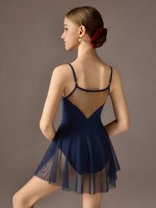 Abito da ballo attivo per ragazze pre-adolescenti, gonna lunga con scollo ad aletta di colore rosso, spalline regolabili, pannelli in tessuto di maglia elastica e velluto, elegante e nobile, adatto per esibizioni teatrali, altamente elastico, traspirante e delicato sulla pelle. - Blu - Visualizzare 3