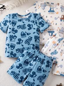 4-Piece Boys Toddler Pajamas Set,Cartoon Graphic Crew Neck Short Sleeve Top & Shorts,Soft Knit Summer Sleepwear,Snug Fit Loungewear,Family Matching - Blue - View 8