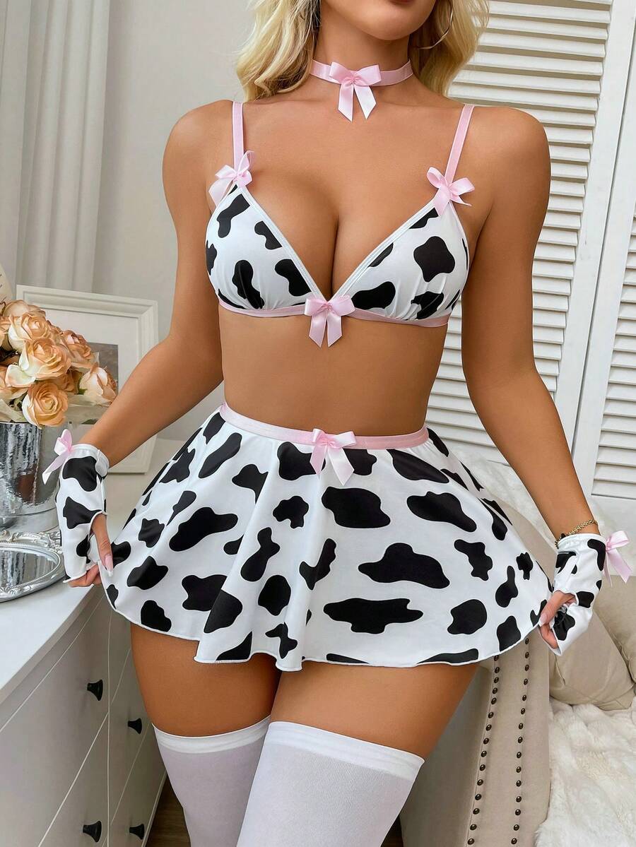 Fantasy Costume Women's 8pcs/Set Cow Print Lingerie Costume (Wireless Bra, Thong, Mini Skirt, Neck Choker, 2 Gloves, 2 Stockings) - Black and White - View 1