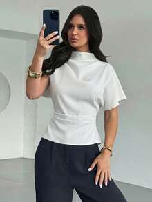 100% Cotton Crinkle Collar Asymmetrical Sleeve Side Ruched Waist Slim Fit White Blouse For Women, All Season - White - View 6