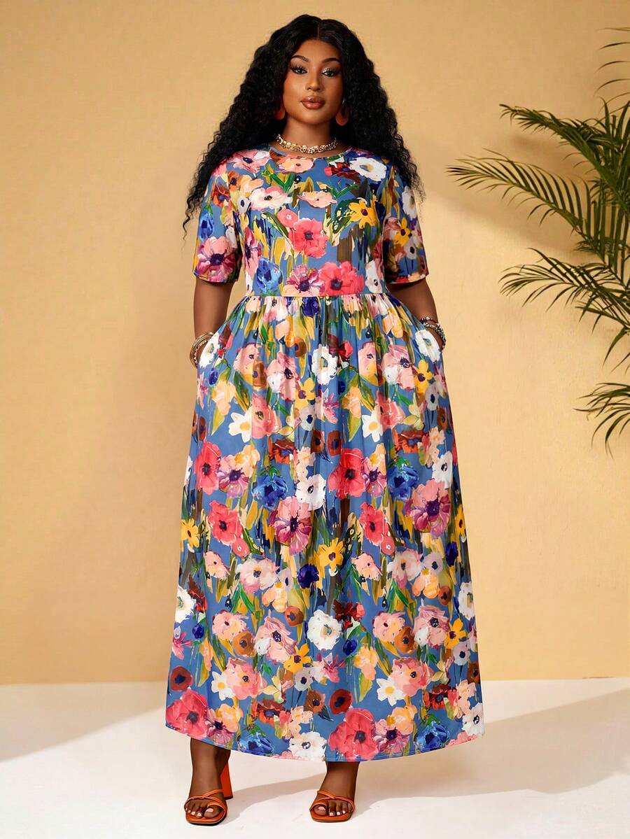 EMERY ROSE Vestido de flores con bolsillo, de manga corta y cuello redondo, para mujer de talla grande, para vacaciones - Neblina azul - Ver 1