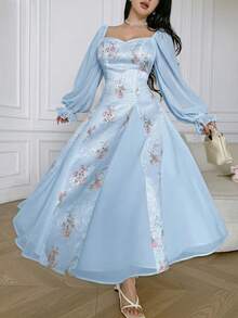 Feyla 优雅印花花瓣袖女式连衣裙 - 淺藍色 - 查看 4