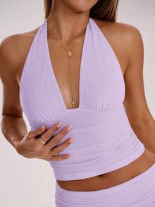 SHEIN BAE Women's Solid Color Pleated Halter Backless Casual Tank Top, Summer,Summer Top - Mauve Purple - View 7