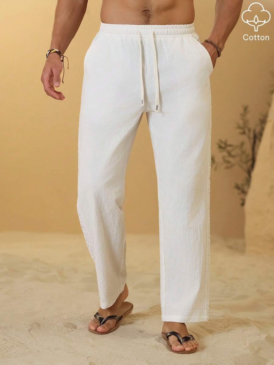 VENTUSAIL Pantalones de hombre de algodón y lino con estampado de patchwork - Blanco - Ver 1