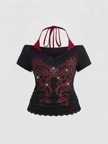 ROMWE Fairycore Plus Size Retro Y2K Totem Rhinestone Lace Trim Deep V-Neck 2 In 1 Cinched Waist T-Shirt - Black - View 1