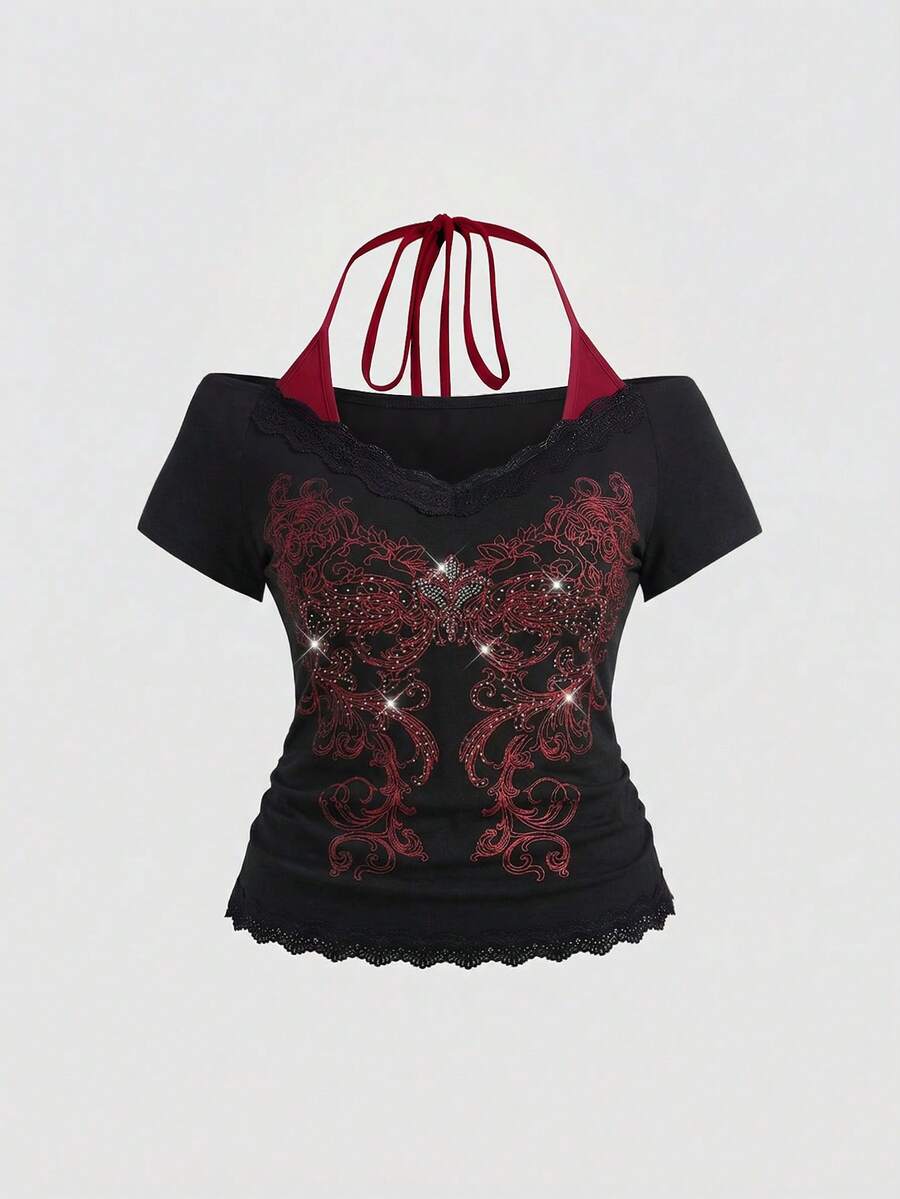 ROMWE Fairycore Plus Size Retro Y2K Totem Rhinestone Lace Trim Deep V-Neck 2 In 1 Cinched Waist T-Shirt - Black - View 1