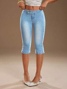 TRNVIE Women's Casual Washed Slim Fit Low Waist Jeans - Blue and White - View 8