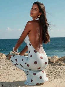 Opulessa Đầm dệt kim in họa tiết hở lưng, cổ yếm, thích hợp cho kỳ nghỉ xuân hè của phụ nữ. - Màu xanh lam - Xem 7