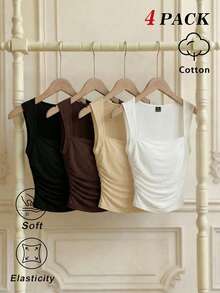 MOD Set de 4 camisetas de tirantes con cuello de pico y pliegues en colores variados - Multicolor 4 - Ver 2