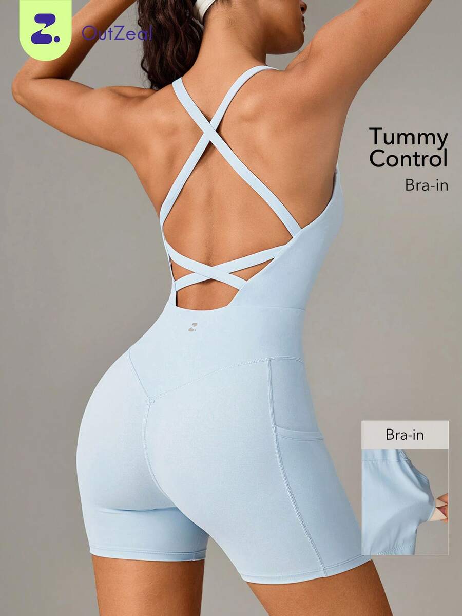 OutZeal 女士运动连体裤 健身骑行夏季塑形吸汗文胸 - 露背设计 - 淺藍色 - 查看 1