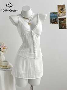 Elamini Women's Casual Sexy Lace Patchwork Camisole & Textured Knit 2 Pieces Set - White - View 4