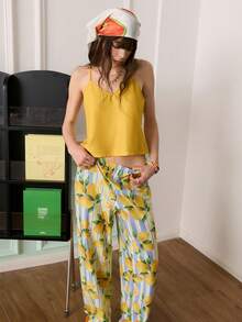 Casual Vacation Contrast Stripe & Lemon Print Camisole Pajama Set For Women - Multicolor - View 4
