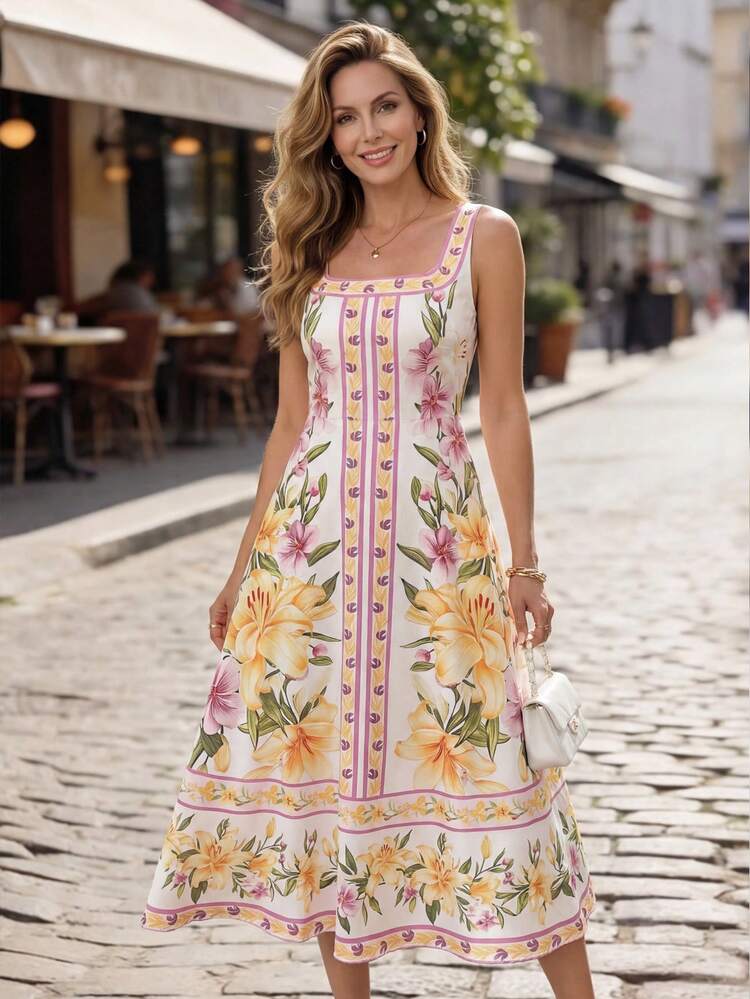 Women's Vacation Casual All-Over Print Sleeveless Midi Dress,Summer Outfit For Women,Festival Outfits For Women,Beach Dress,Elegant Dresses For Women,Floral Dresses For Women,Summer Dresses For Women