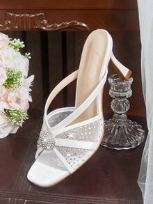 CUCCOO HITCHD Women's Fashion Square Toe Satin Mesh Splicing Rhinestones Sexy Evening Party Party Style Simple Backspace Stiletto High Heel Sandals Summer Shoes - White - View 7