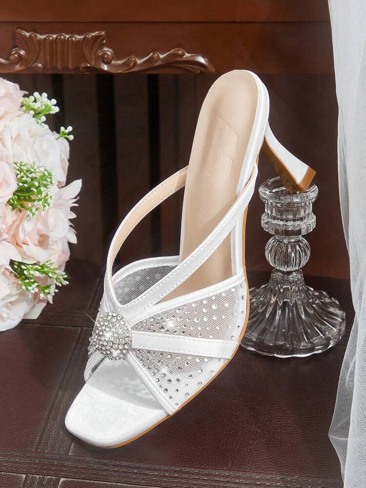 CUCCOO HITCHD Women's Fashion Square Toe Satin Mesh Splicing Rhinestones Sexy Evening Party Party Style Simple Backspace Stiletto High Heel Sandals