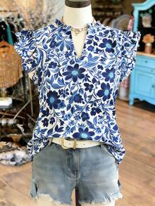 Franclia Blue Plus Size Notched Blouse Long Ruffle Cap Sleeve Floral Print Shirt In Boho Style Woven Fabric - Blue - View 1