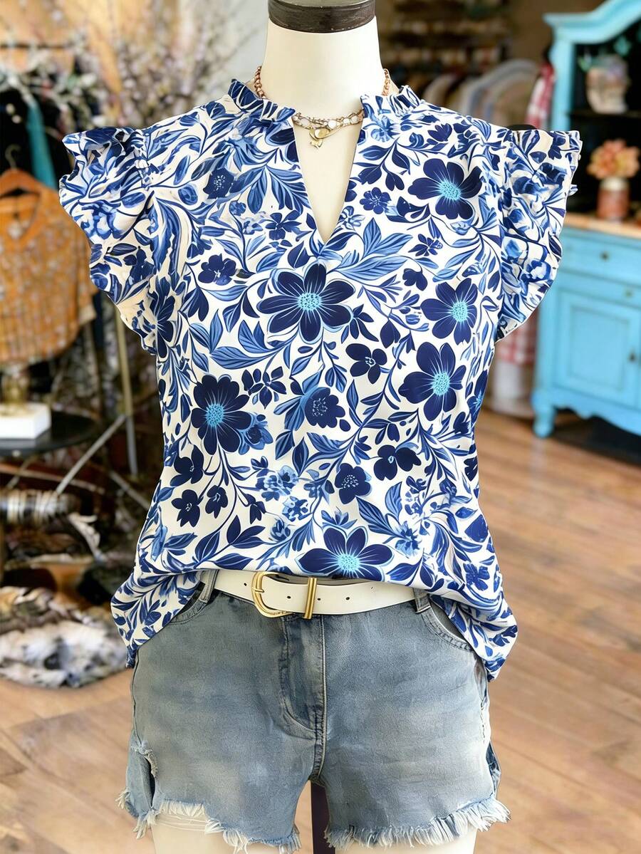 Franclia Blue Plus Size Notched Blouse Long Ruffle Cap Sleeve Floral Print Shirt In Boho Style Woven Fabric - Blue - View 1