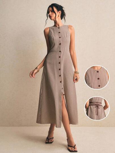 Poéselle 女士休闲格子纽扣设计圆领无袖连衣裙