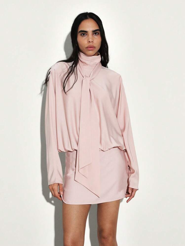 KSTM Women's Pink Satin Mini Dress With Tie Neck Detail Long Sleeve Blouson Style Autumn Winter Party Dress