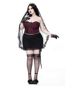ROMWE Goth Autumn Outfits Elegant Plus Size Women Pleated 3D Floral Ruffle Hem Fitted Skirt Gym Brown - Black - View 1