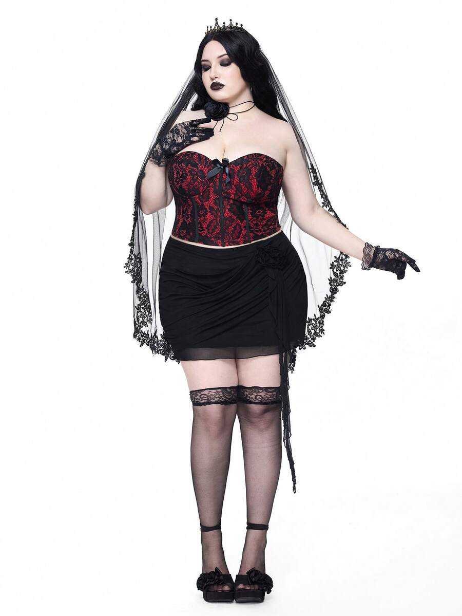 ROMWE Goth Autumn Outfits Elegant Plus Size Women Pleated 3D Floral Ruffle Hem Fitted Skirt Gym Brown - Black - View 1
