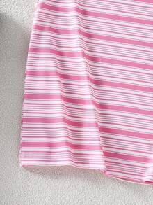 SHEIN 1 pezzo Abito elegante a maniche corte con collo rotondo, in maglia di seta di latte, con stampa a righe e fragole, vita stretta, adatto a ragazze pre-adolescenti, per uso casual quotidiano - Rosa - Visualizzare 5