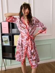 Chillnights 女士西部风格牛仔靴，饰有仙人掌、心形、蝴蝶结、星星印花，搭配宽松缎面睡袍 - 粉色 - 查看 5