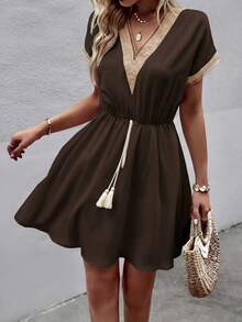 Breezaya Women's Contrast Lace V-Neck Short Sleeve Waist Tassel Tie Waist Dress Resort Wear Women Vacation Dress Vacation Coffee Brown Summer Elegant - Brown - View 7