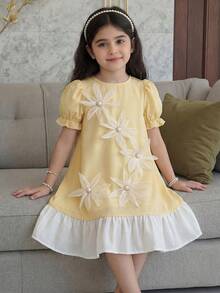 Young Girl Casual Daily Versatile Comfortable Fitted Round Neck Color Block Hem Dress Young Girl - Yellow - View 5