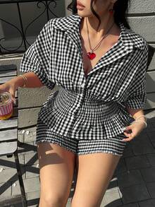 GalTyme 大码女式格子收腰衬衫短裤两件套，春夏款 - 黑與白 - 查看 7