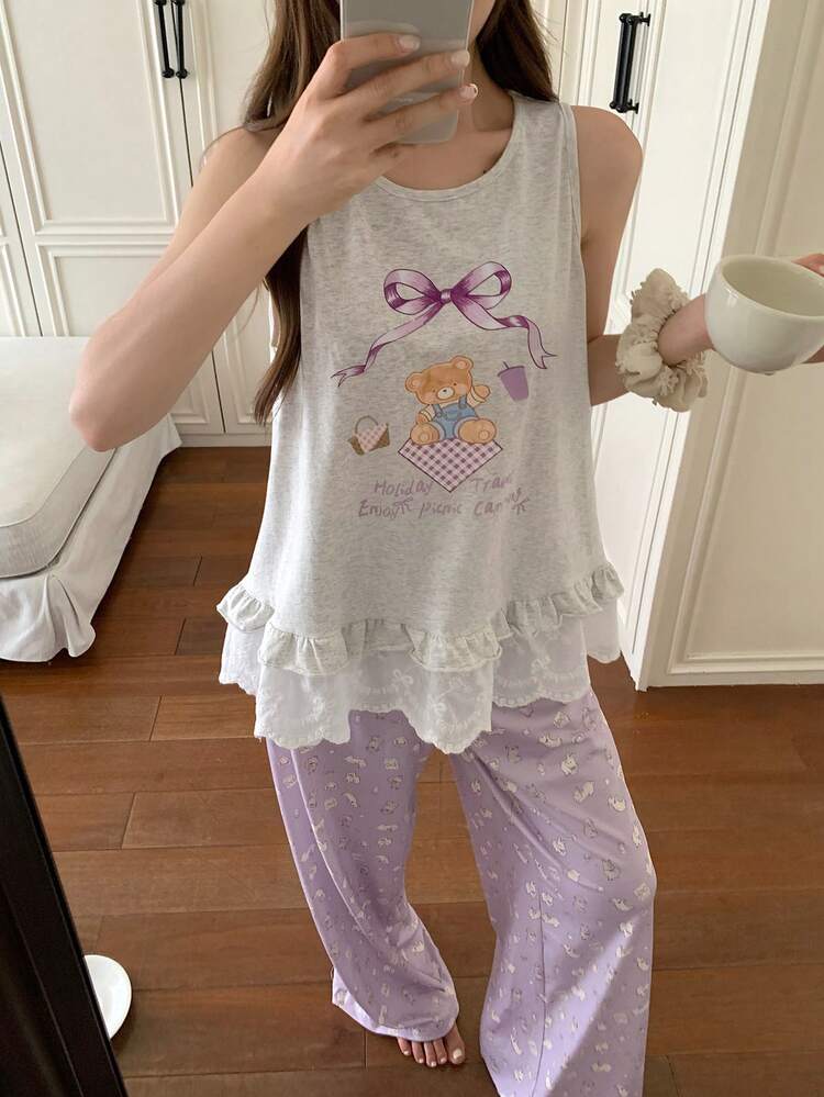 2pcs/Set Cute Bear Cartoon Print Lace Patchwork Round Neck Sleeveless Loose Straight Long Pants Pajama Set, Comfortable Summer Loungewear For Women