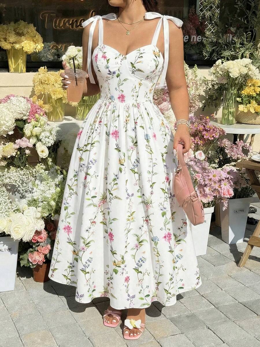 SHEIN MOD Große Größen Midi-Kleid mit Blume Muster und Schulterbändern für Damen, geeignet für Urlaub, Sommer, Urlaubsoutfits, Retro, Vintage, Country-Outfits, Ausgehen, Lehreroutfits für Frauen, Dates, Picknick, Party, Prom, Geburtstag, Cottagecore-Kleid, Tea-Party-Kleid, Milchmädchen-Kleid, französischer Stil, Blumenkleid