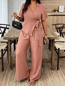 Weeklong Plus Size Casual Tie-Up Wrap Shirt And Pants 2 Pieces Set - Dusty Pink - View 3