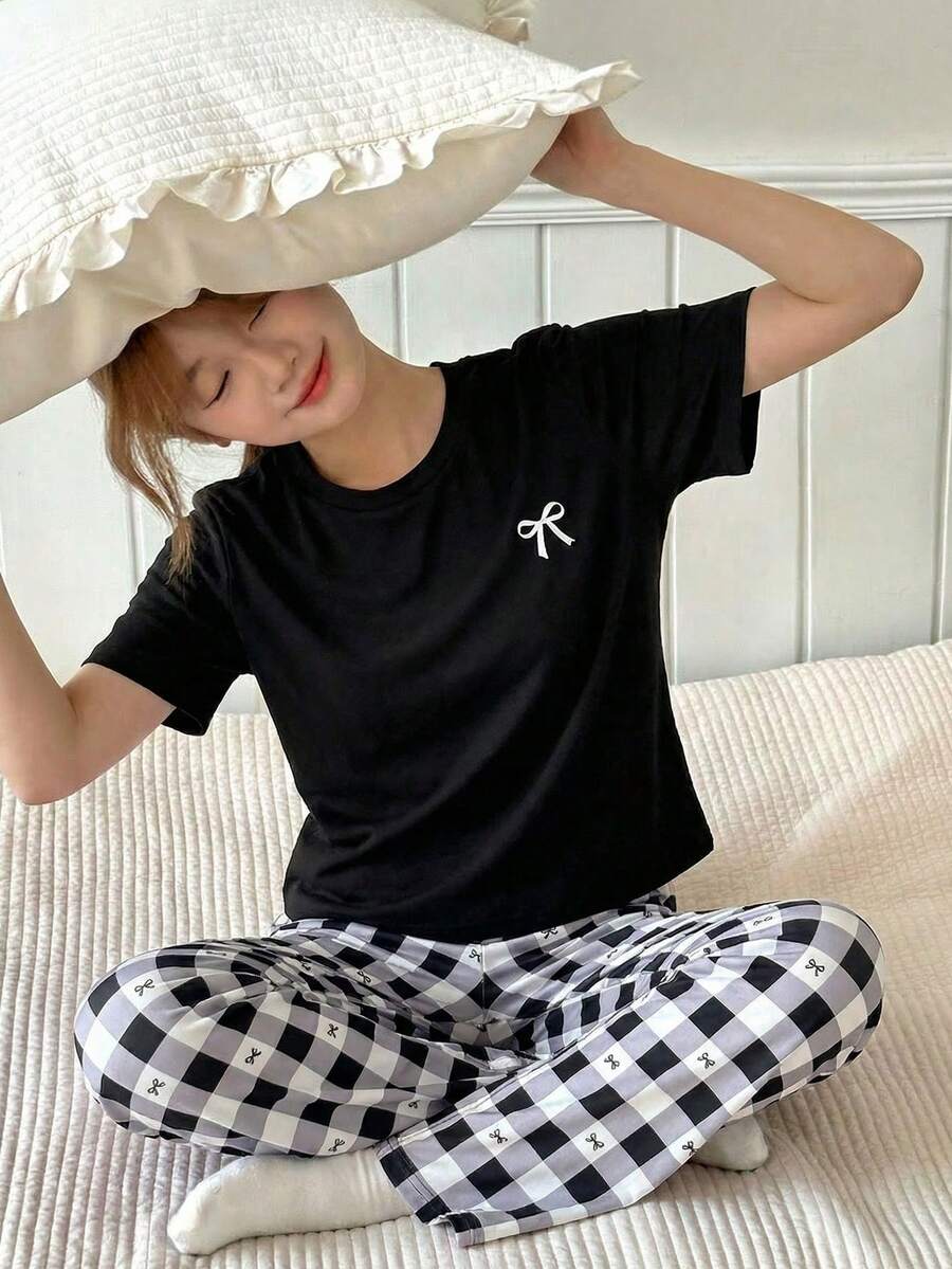 SHEIN Bộ đồ ngủ 2 mảnh cho bé gái tuổi teen, áo thun kẻ caro ghép mảnh. - Đen và trắng - Xem 1