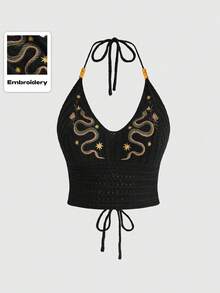 ROMWE Fairycore Summer Outfits Gothic Snake Skin Embroidered Deep V-Neck Plus Size Knit Top, Summer - Black - View 1