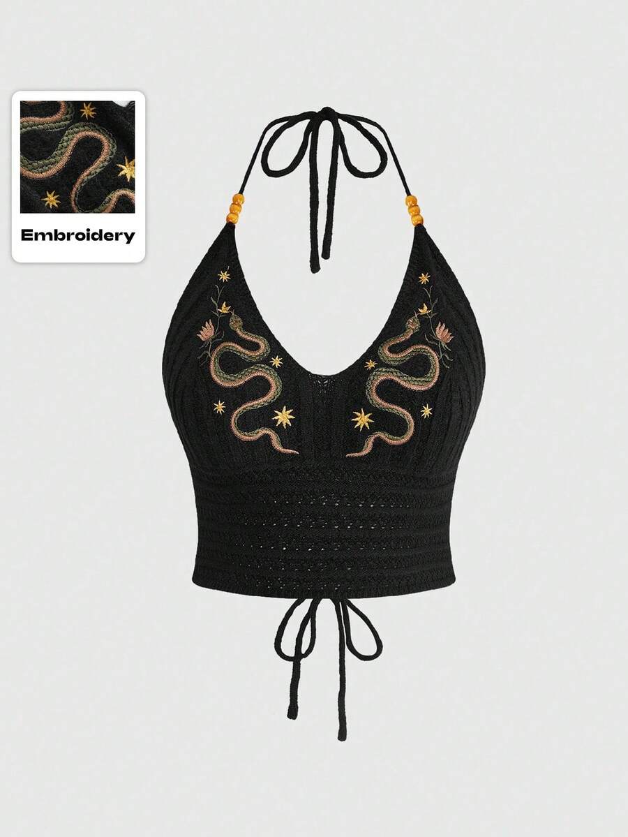 ROMWE Fairycore Summer Outfits Gothic Snake Skin Embroidered Deep V-Neck Plus Size Knit Top, Summer - Black - View 1
