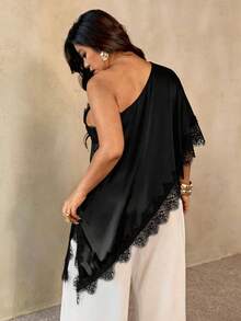 Auralis Áo kiểu dáng thanh lịch, màu trơn, phối ren, bất đối xứng, cỡ lớn. - màu đen - Xem 5