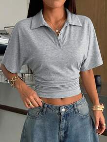 SHEIN EZwear 灰色针织修身休闲T恤 女士夏季衬衫 女士休闲装 女士衬衫 女士短款上衣 新款T恤 Polo衫 女士休闲装 - 灰色 - 查看 5