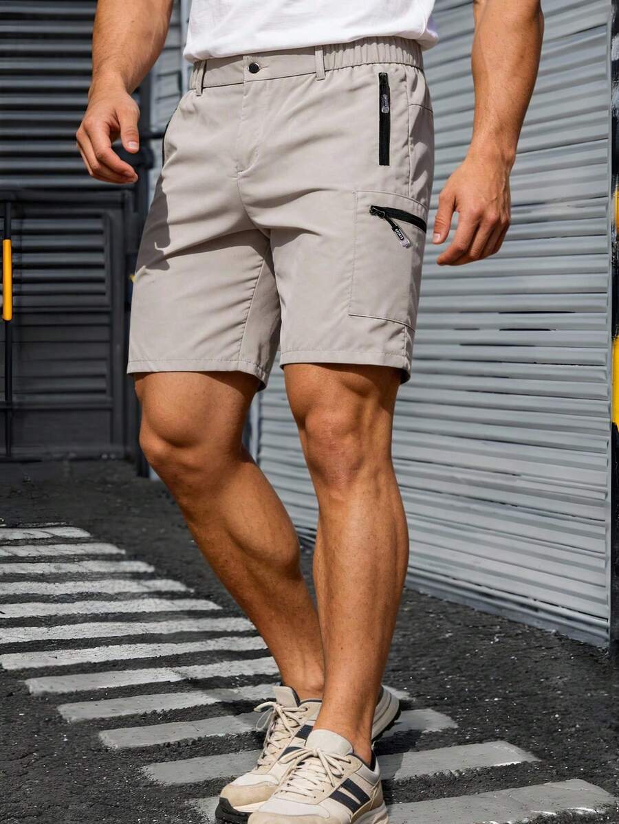Gym Rark Beige Plain Men's Bermuda Sports Shorts With Zipper Pockets And Woven Fabric - Beige - View 1